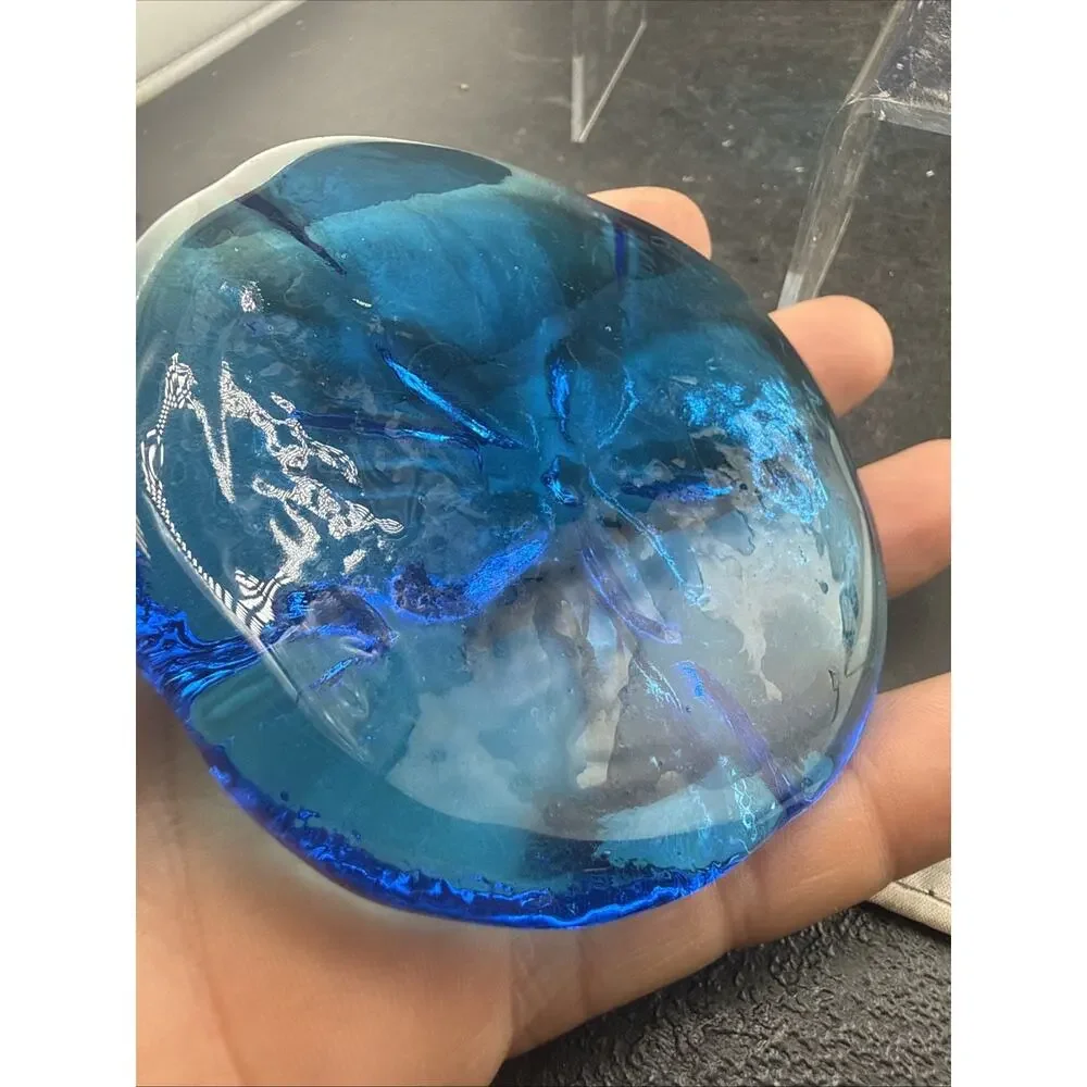 Cobalt Blue Art Glass Sand Dollar Figurine Coastal Sea Life Paperweights Pair